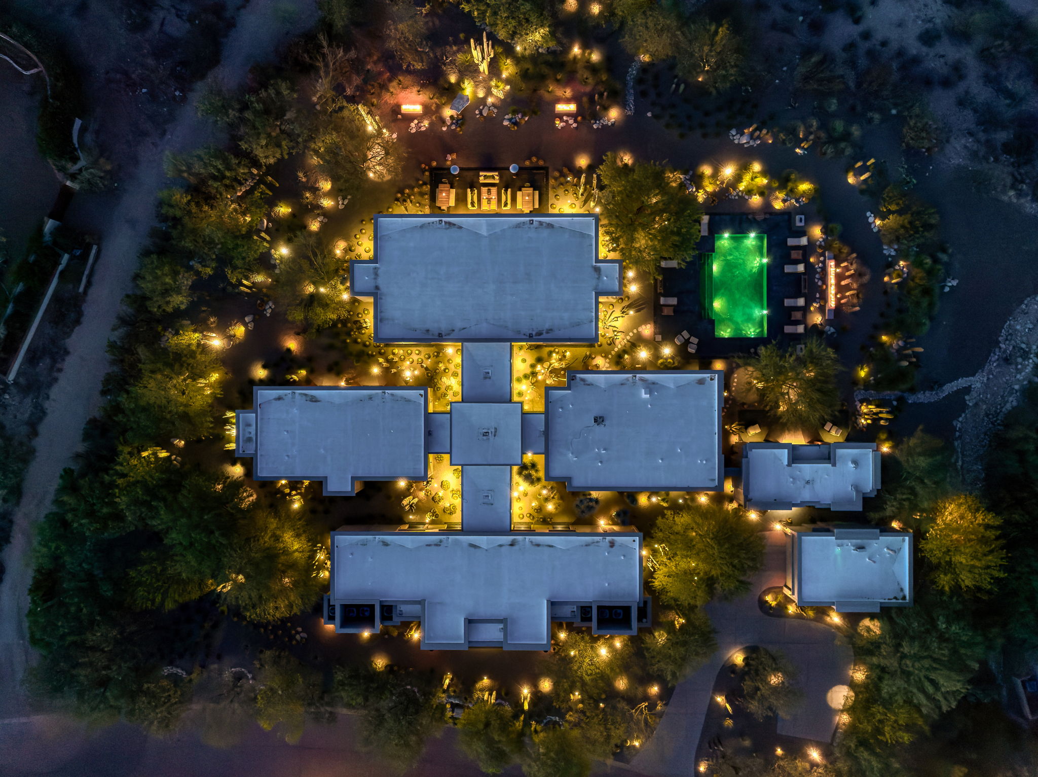 Canyon Ranch Estate — overhead aerial at dusk
