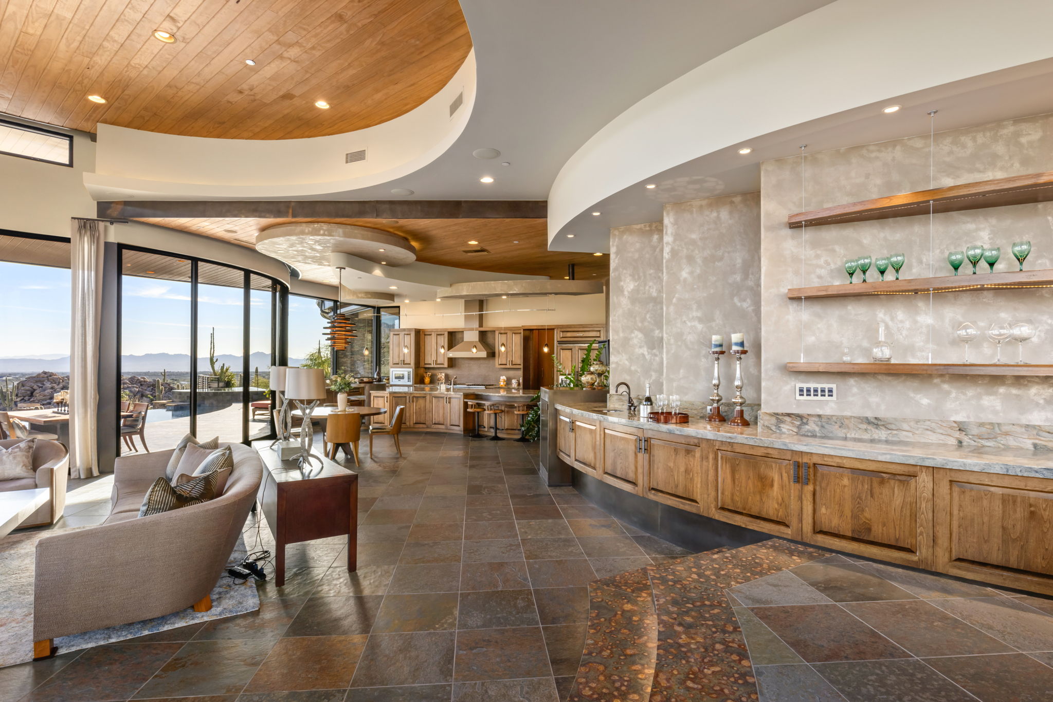 Tortolita Mountain Residence — interior gallery with bar and ceiling detail